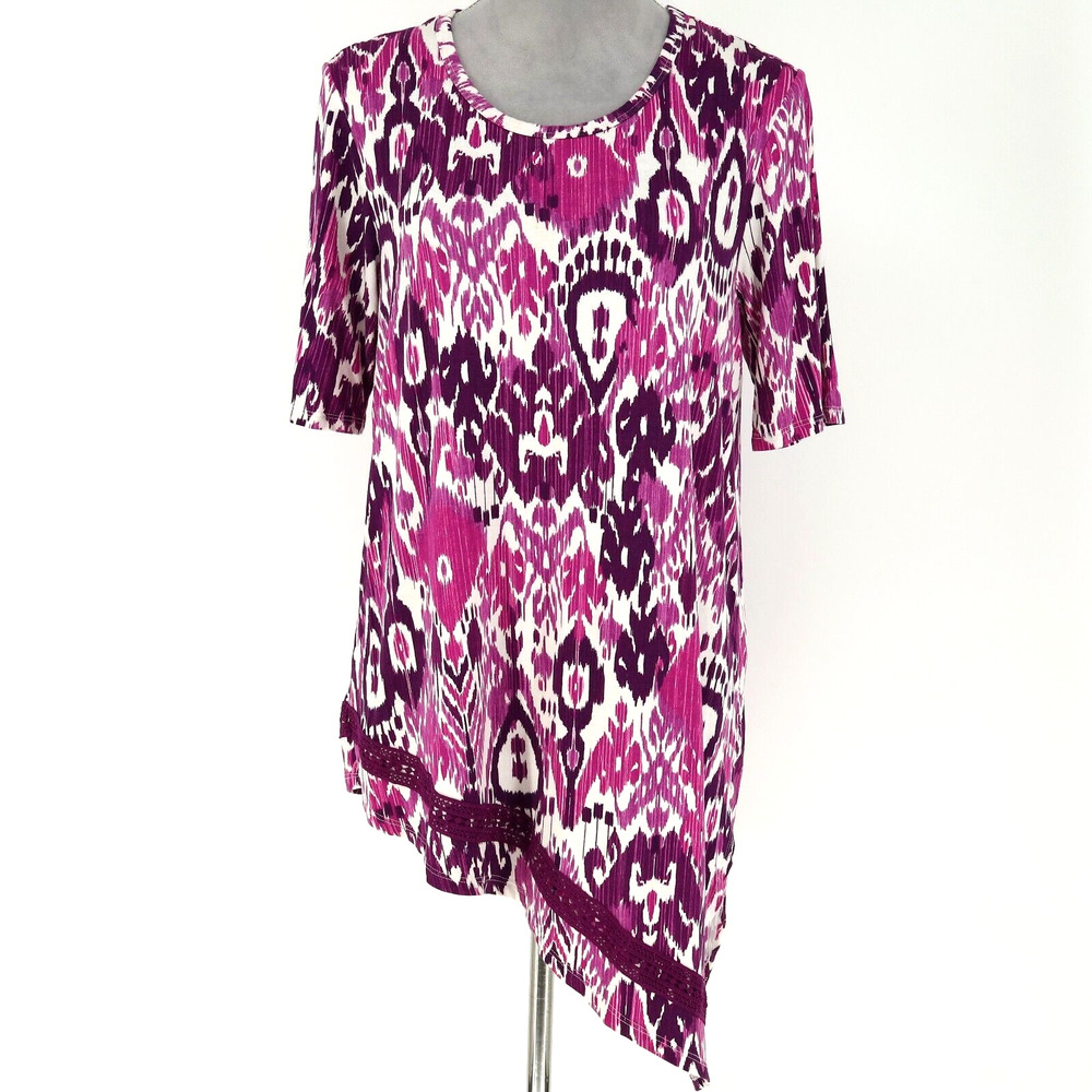 Chicos Top 1 Womens Medium White Purple Ikat Stretch Knit Asymmetric Hem Blouse